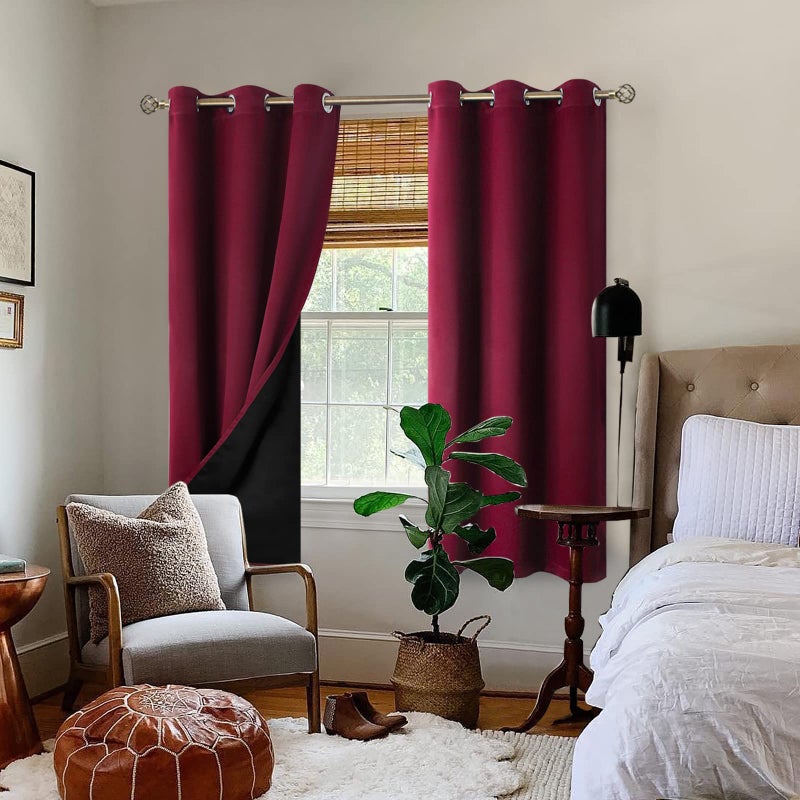 BGment Thermal Insulated 100% Blackout Curtains for Bedroom with Black Liner, Double Layer Full Room Darkening Noise Reducing Grommet Curtain (42 x 63 Inch, Burgundy Red, 2 Panels) - Image 2